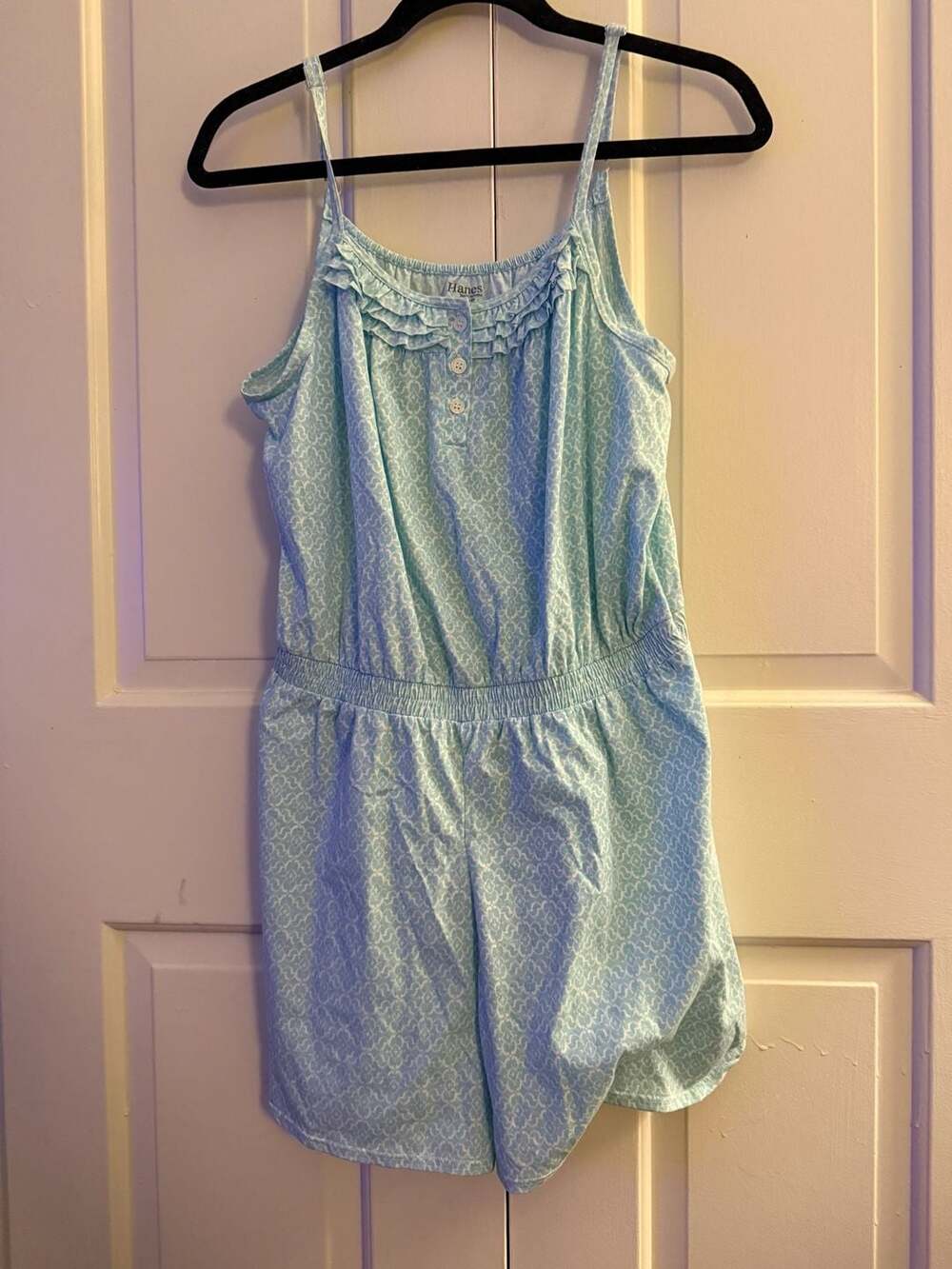 Hanes Women's Size L Blue Patterned Ruffle Neck Romper